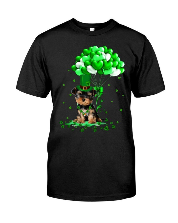 Yorkie With Green Heart Balloon St Patrick's Day Gift For Dog Lovers Guys Tee