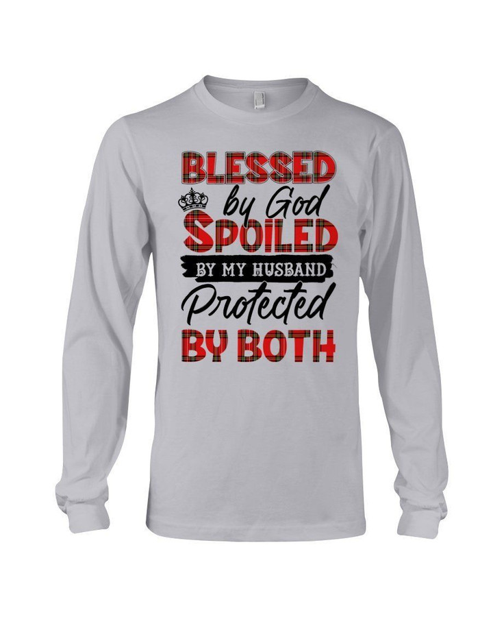 Blessed By God Spoiled By Husband Plaid Red Gift For Family Unisex Long Sleeve