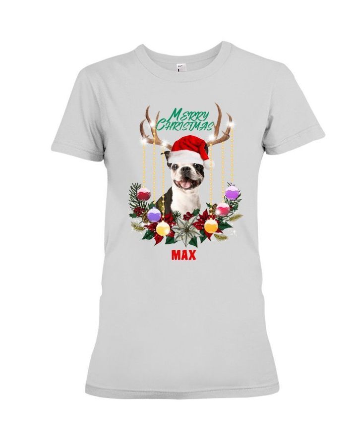 Boston Terrier Reindeer Custom Name Gift For Dog Lovers Ladies Tee