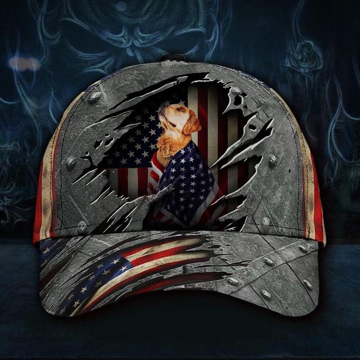 Printing Baseball Cap Hat Golden Retriever American Flag Happy Independence Day