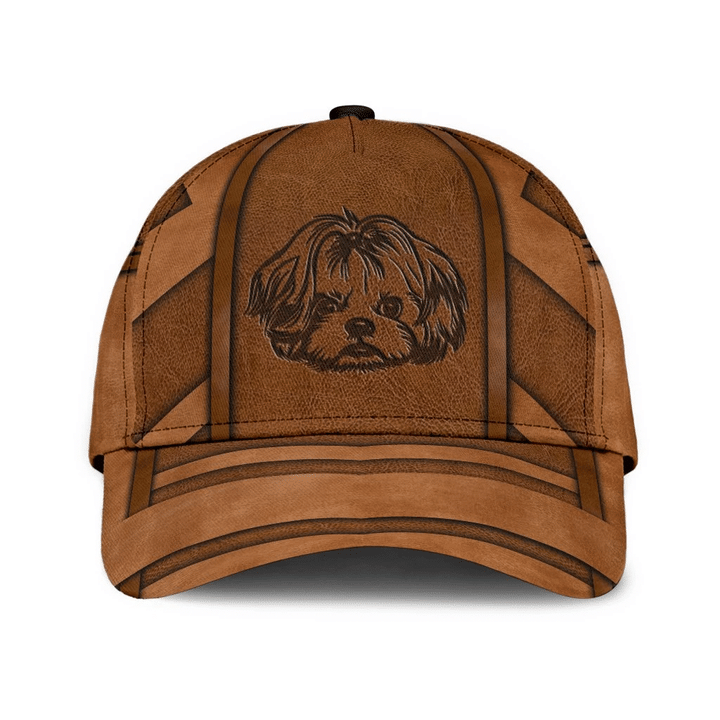 Shihtzu Dog Face On On Brown Leather Pattern Design Printing Baseball Cap Hat