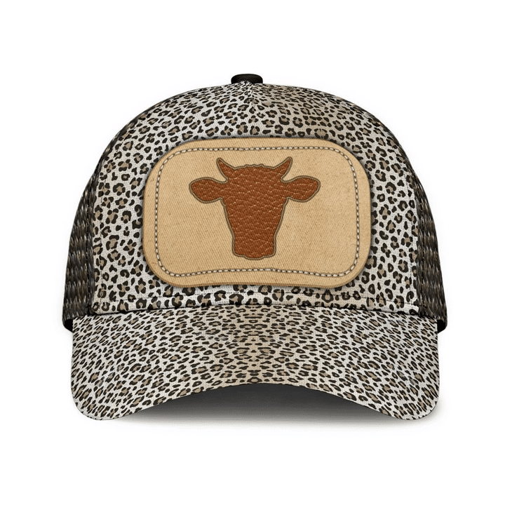Cow In Beige Rectangle Leopard Skin Theme Printing Baseball Cap Hat