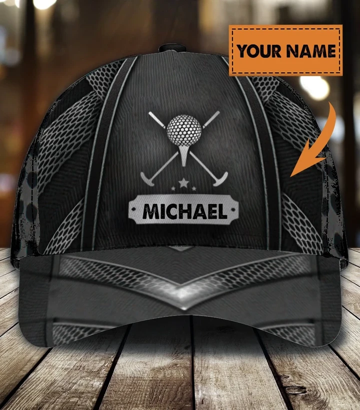 Silver And Black Cool Golf Printing Baseball Cap Hat Custom Name