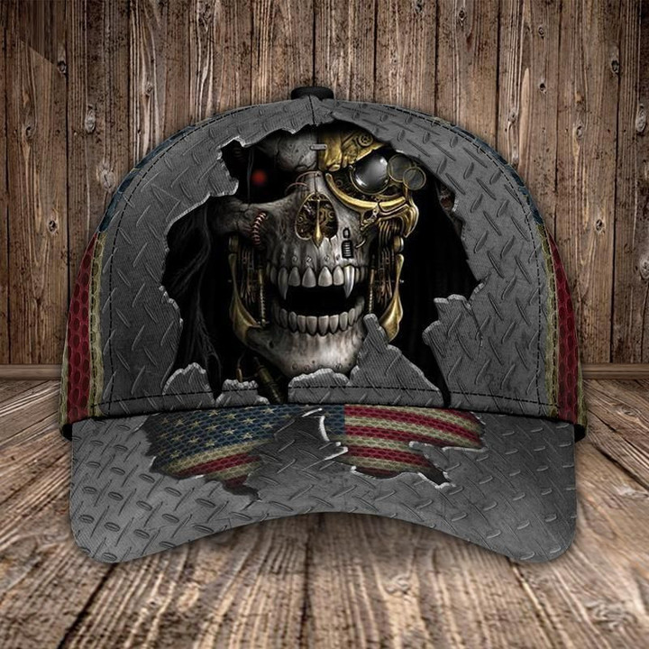 Skull American Flag Grey Skin Printing Baseball Cap Hat
