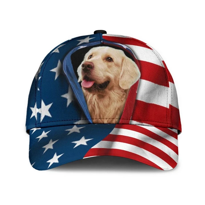 Smiley Golden Retriever Inside American Flag Themed Printing Baseball Cap Hat