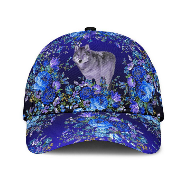Wolf Surrounded By Flowers Navy Background Printing Baseball Cap Hat