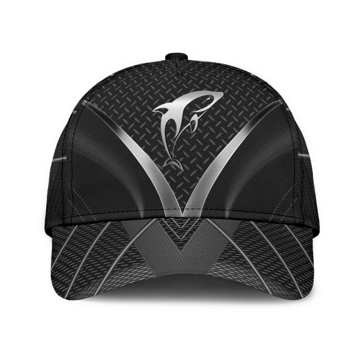Dolphin Jump Up Silver On Black Carbon Pattern Printing Baseball Cap Hat