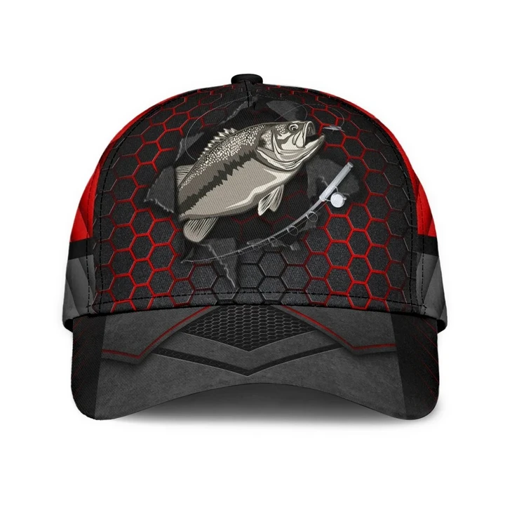 Red Hexagon In Carbon Black With Fish Printing Baseball Cap Hat