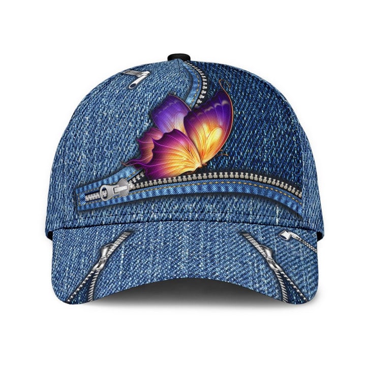 Denim Background Zipper And Butterfly Printing Baseball Cap Hat