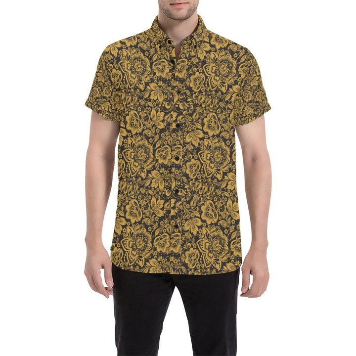 Brocade Gold Pattern Print Design 01 3d Men's Button Up Shirt