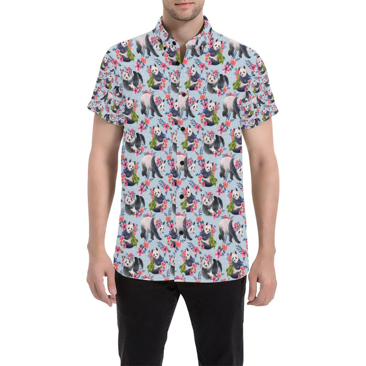 Panda Bear Flower Design Themed Print 3d Men's Button Up Shirt