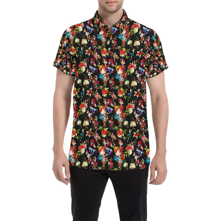 Skull Roses Flower Design Themed Print 3d Men's Button Up Shirt