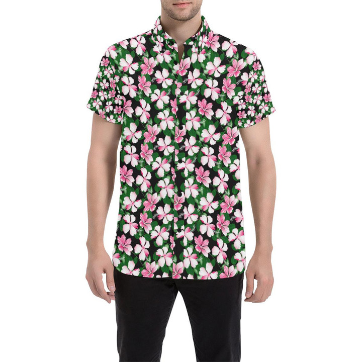 Hibiscus Pink Flower Hawaiian Print 3d Men's Button Up Shirt