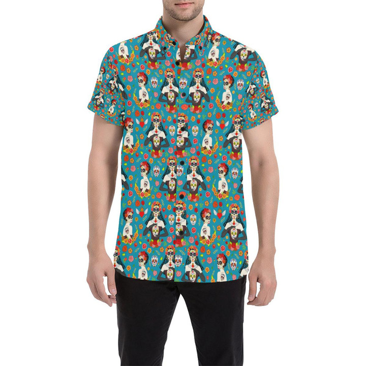 Day Of The Dead Old School Girl Design 3d Men's Button Up Shirt