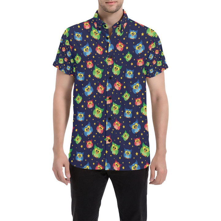 Owl With Star Themed Design Print 3d Men's Button Up Shirt