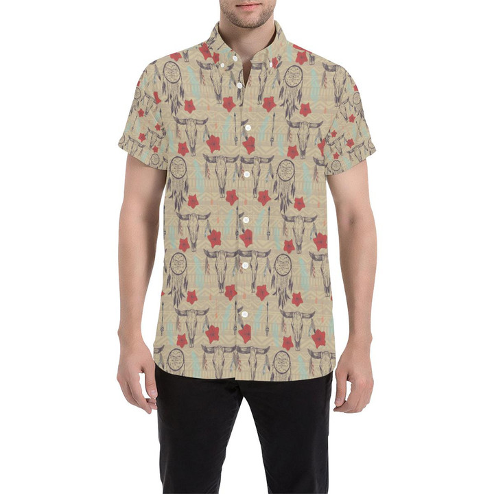 Native Buffalo Head Themed Design Print 3d Men's Button Up Shirt