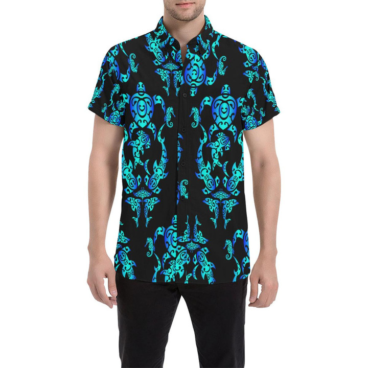 Sea Turtle Polynesian Tribal Hawaiian 3d Men's Button Up Shirt