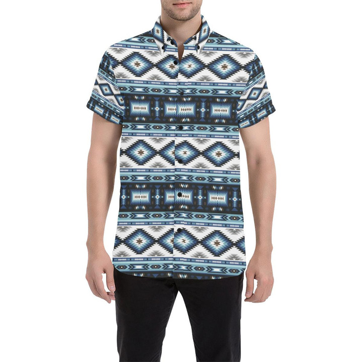Navajo Dark Blue Print Pattern 3d Men's Button Up Shirt