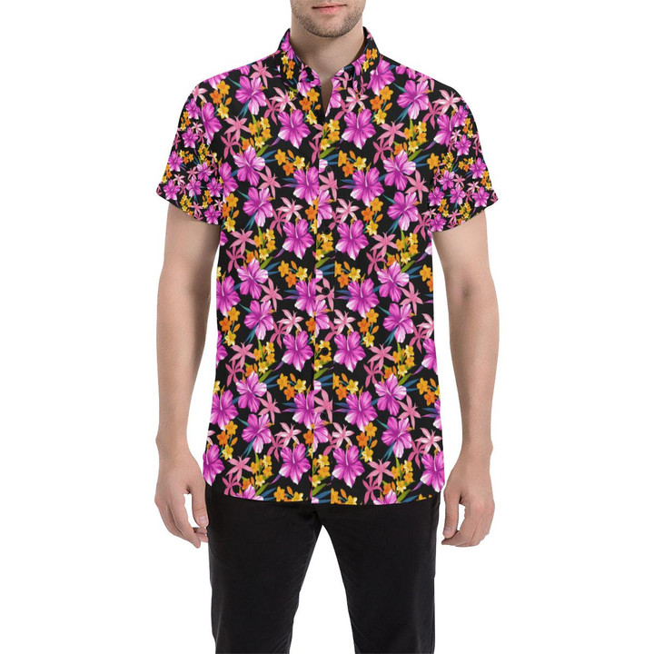 Tropical Folower Pink Hibiscus Print 3d Men's Button Up Shirt