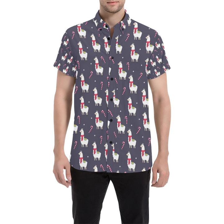 Llama With Candy Cane Themed Print 3d Men's Button Up Shirt