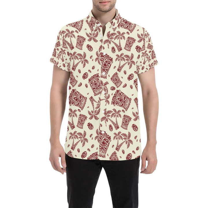 Tiki Tribal Mask Palm Tree 3d Men's Button Up Shirt