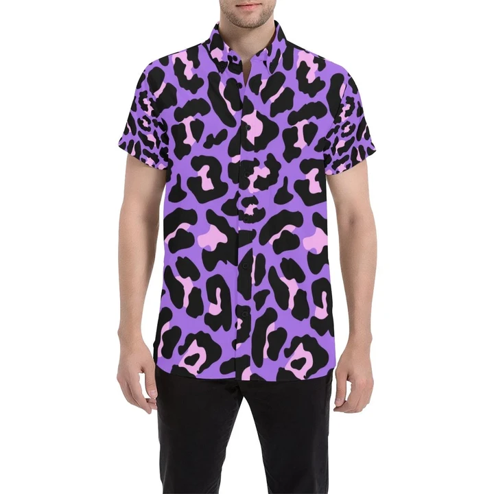 Cheetah Purple Neon Print Pattern 3d Men's Button Up Shirt