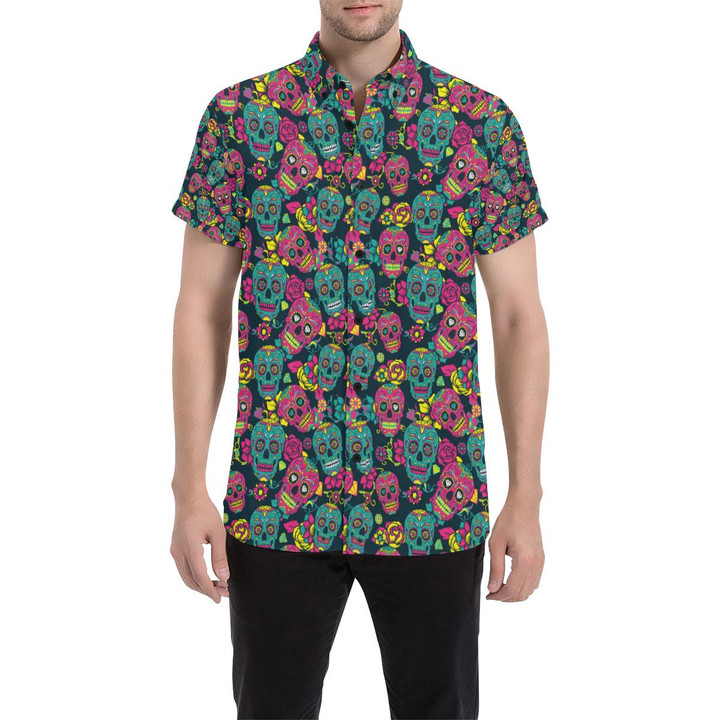 Sugar Skull Floral Design Themed Print 3d Men's Button Up Shirt