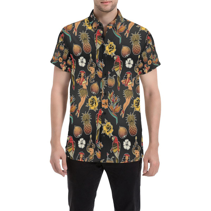 Hula Dancers Hawaiian Style Pattern Print Design 0 3d Men's Button Up Shirt