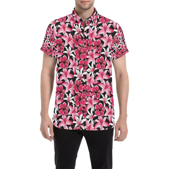 Flower Hawaiian Pink Red Hibiscus Print 3d Men's Button Up Shirt