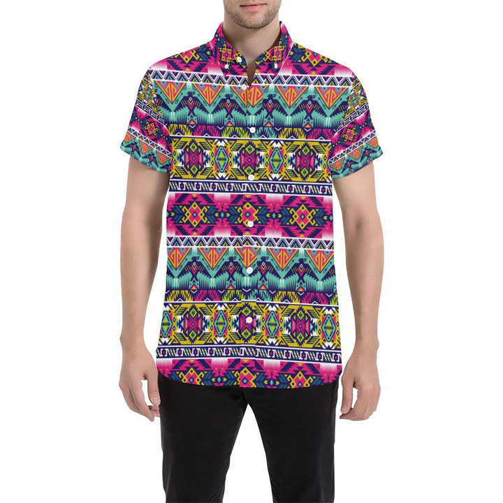 Indian Navajo Color Themed Design Print 3d Men's Button Up Shirt