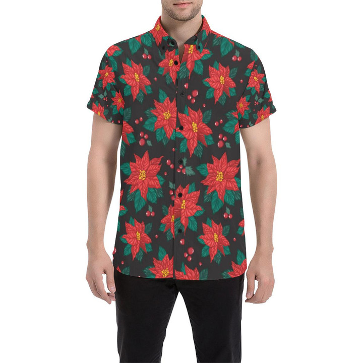 Poinsettia Pattern Print Design Pot07 3d Men's Button Up Shirt