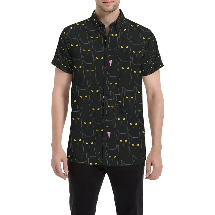 Black Cat Yellow Eyes Print Pattern 3d Men's Button Up Shirt