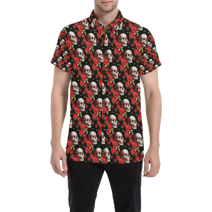 Red Rose Skull Design Print 3d Men's Button Up Shirt