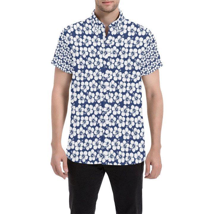 Hibiscus Blue Hawaiian Flower Pattern 3d Men's Button Up Shirt