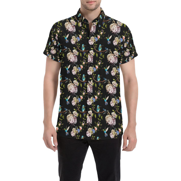 Hummingbird Flower Themed Print 3d Men's Button Up Shirt