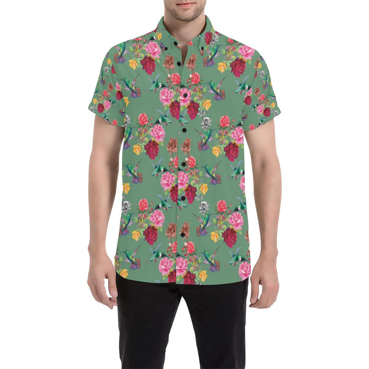 Hummingbird With Rose Themed Print 3d Men's Button Up Shirt