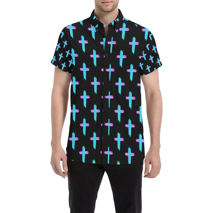 Christian Cross Neon Pattern 3d Men's Button Up Shirt