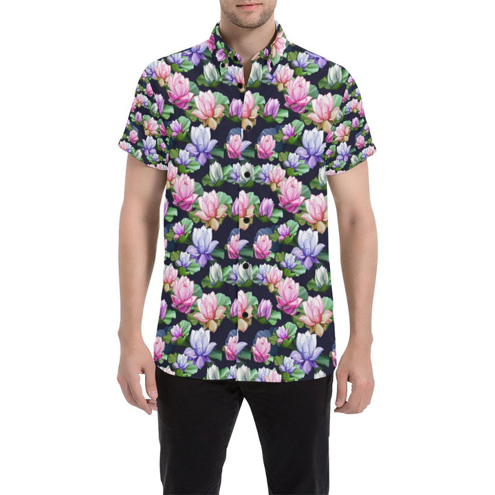 Lotus Flower Print Design 3d Men's Button Up Shirt