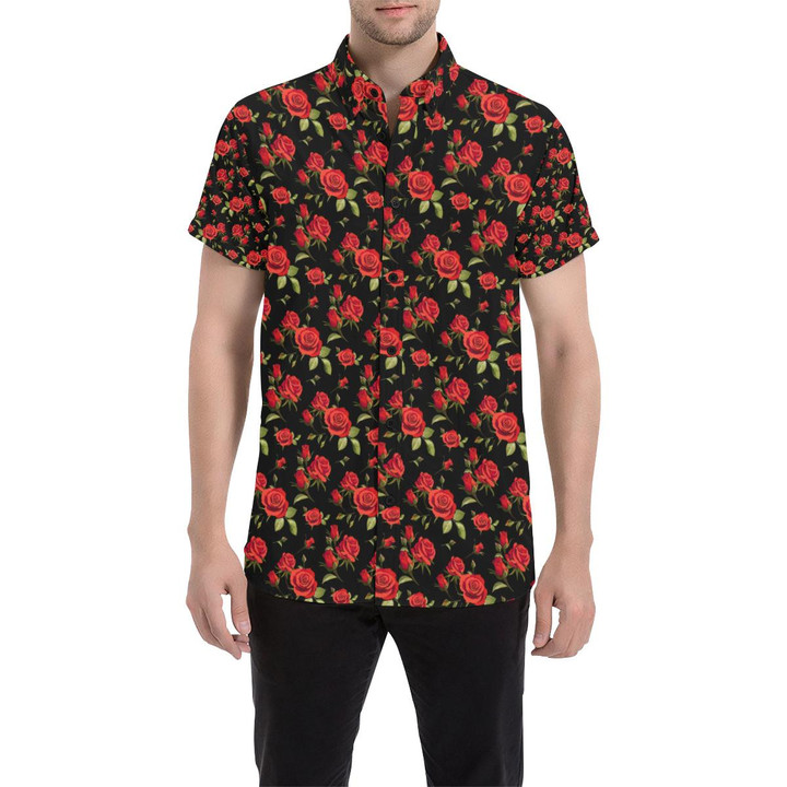Red Rose Themed Print 3d Men's Button Up Shirt