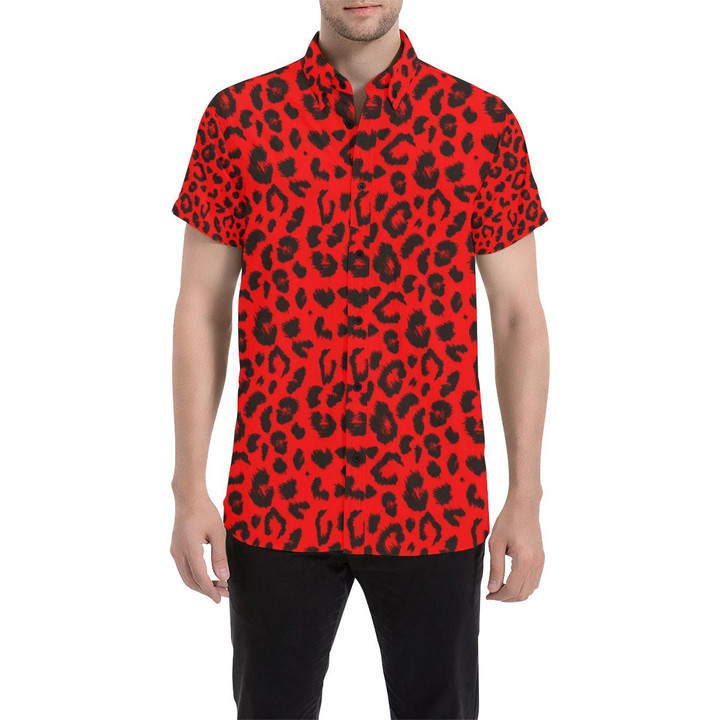 Leopard Red Skin Print 3d Men's Button Up Shirt