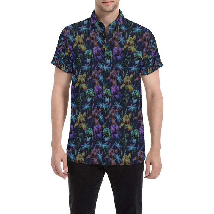Dragonfly With Floral Print Pattern 3d Men's Button Up Shirt