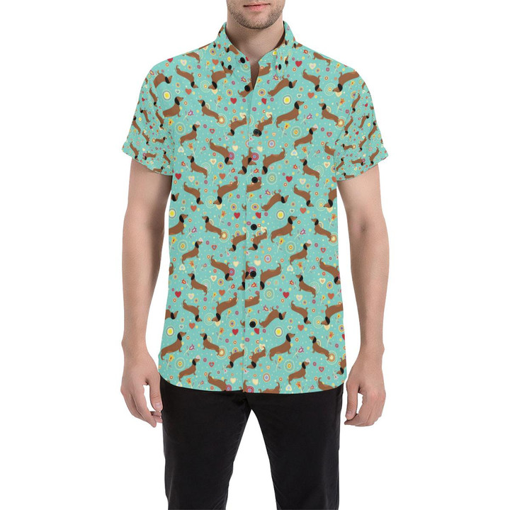 Dachshund With Floral Print Pattern 3d Men's Button Up Shirt