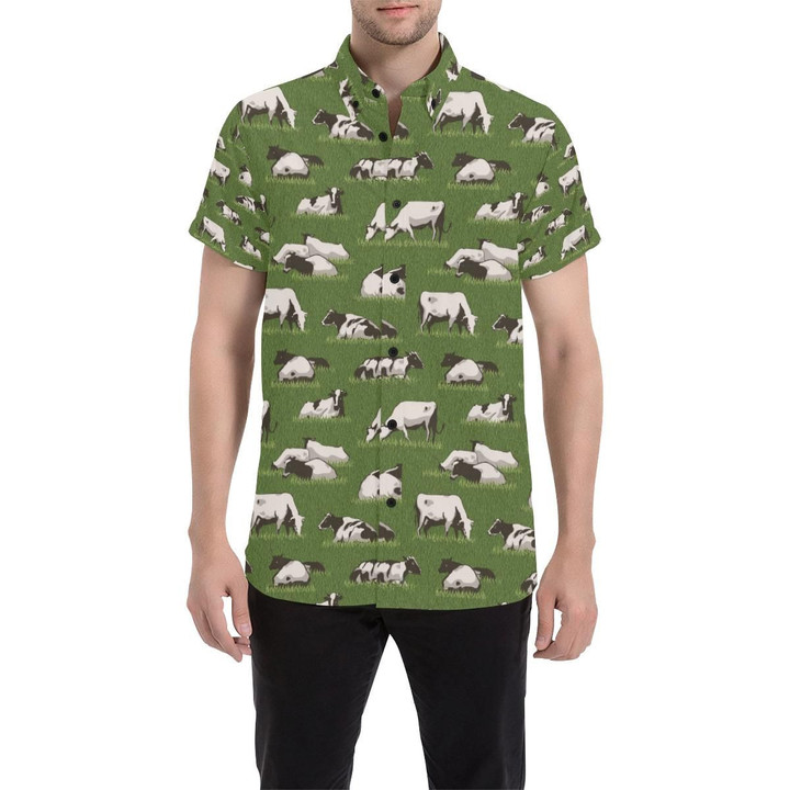 Cow On Grass Print Pattern 3d Men's Button Up Shirt