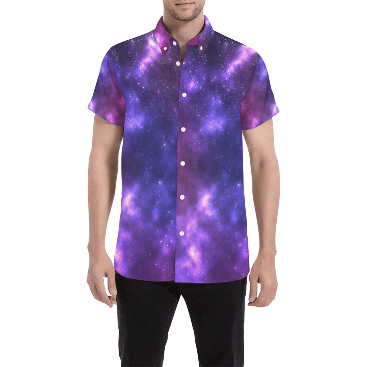 Celestial Purple Blue Galaxy 3d Men's Button Up Shirt