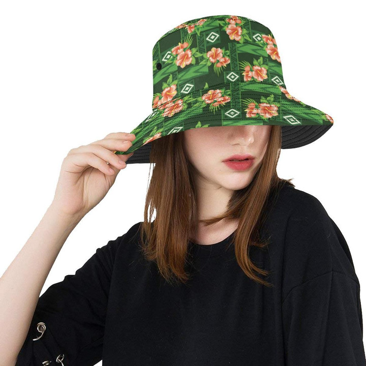 Hibiscus Pattern Print Design Green Skin Unisex Bucket Hat