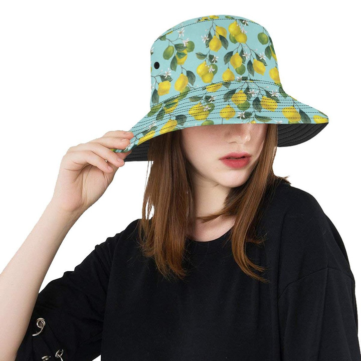 Lemon And Leaves Pattern Print Design Unisex Bucket Hat