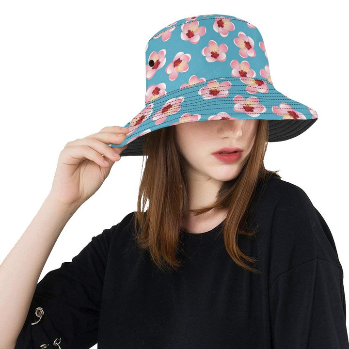 Cherry Blossom Pattern Blue Background Unisex Bucket Hat