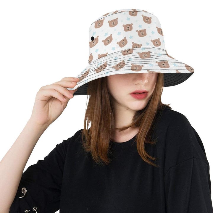 Cute Bear Pattern White Theme Unisex Bucket Hat