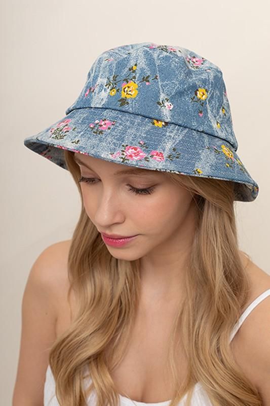 Denim Floral Blue Background Cotton Bucket Hat
