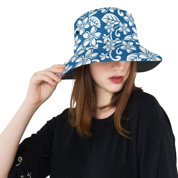Plumeria Pattern Blue Background Unisex Bucket Hat